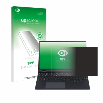 Parte frontal de un envase de producto con el logotipo de la marca upscreen. Al lado se muestra el dispositivo Tuxedo Infinity
