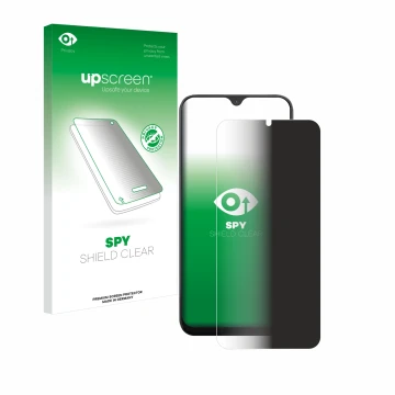 Parte frontal de un envase de producto con el logotipo de la marca upscreen. Al lado se muestra el dispositivo Volla Phone 22 