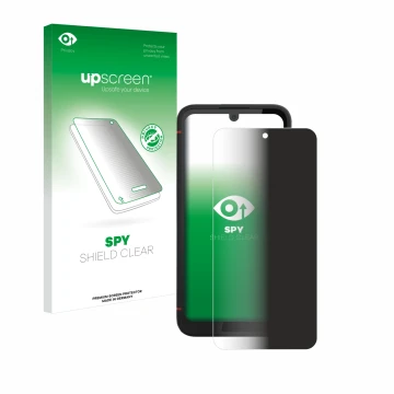 Parte frontal de un envase de producto con el logotipo de la marca upscreen. Al lado se muestra el dispositivo Volla Phone X23