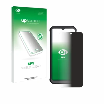 Parte frontal de un envase de producto con el logotipo de la marca upscreen. Al lado se muestra el dispositivo Sonim XP400 con