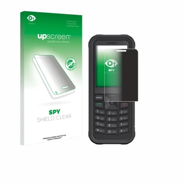 Parte frontal de un envase de producto con el logotipo de la marca upscreen. Al lado se muestra el dispositivo Sonim XP100 con