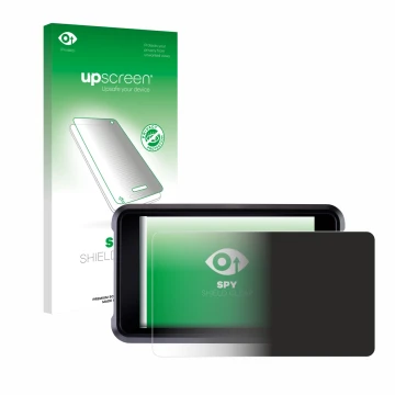 Parte frontal de un envase de producto con el logotipo de la marca upscreen. Al lado se muestra el dispositivo Atomos Shogun C