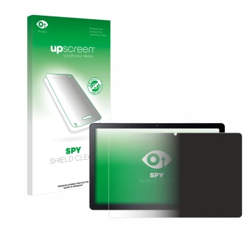 Parte frontal de un envase de producto con el logotipo de la marca upscreen. Al lado se muestra el dispositivo Acer Iconia Tab
