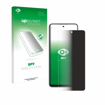 Parte frontal de un envase de producto con el logotipo de la marca upscreen. Al lado se muestra el dispositivo Nubia Focus 5G 
