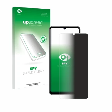 Parte frontal de un envase de producto con el logotipo de la marca upscreen. Al lado se muestra el dispositivo ZTE Blade V40 V