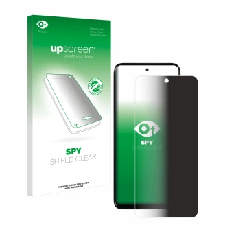 Parte frontal de un envase de producto con el logotipo de la marca upscreen. Al lado se muestra el dispositivo Motorola Moto G