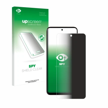 Parte frontal de un envase de producto con el logotipo de la marca upscreen. Al lado se muestra el dispositivo Motorola Moto G