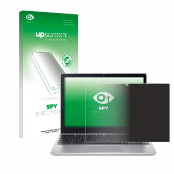 Parte frontal de un envase de producto con el logotipo de la marca upscreen. Al lado se muestra el dispositivo Acer Chromebook