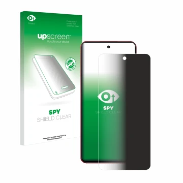 Parte frontal de un envase de producto con el logotipo de la marca upscreen. Al lado se muestra el dispositivo realme 14x con 