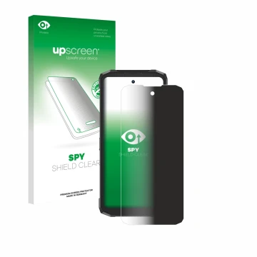 Parte frontal de un envase de producto con el logotipo de la marca upscreen. Al lado se muestra el dispositivo Doogee Fire 6 P