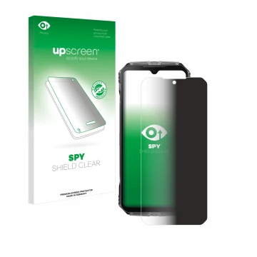 Parte frontal de un envase de producto con el logotipo de la marca upscreen. Al lado se muestra el dispositivo Doogee S Cyber 