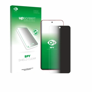 Parte frontal de un envase de producto con el logotipo de la marca upscreen. Al lado se muestra el dispositivo Oppo A5 Pro con
