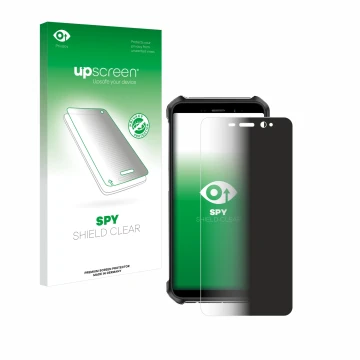 Parte frontal de un envase de producto con el logotipo de la marca upscreen. Al lado se muestra el dispositivo Ulefone Armor X