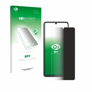 Parte frontal de un envase de producto con el logotipo de la marca upscreen. Al lado se muestra el dispositivo Cubot A20 con s