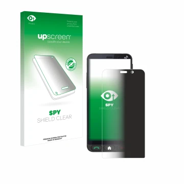 Parte frontal de un envase de producto con el logotipo de la marca upscreen. Al lado se muestra el dispositivo Brondi Amico Ve