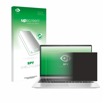 Parte frontal de un envase de producto con el logotipo de la marca upscreen. Al lado se muestra el dispositivo HP EliteBook 65