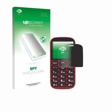 Parte frontal de un envase de producto con el logotipo de la marca upscreen. Al lado se muestra el dispositivo Doro 1360 con s