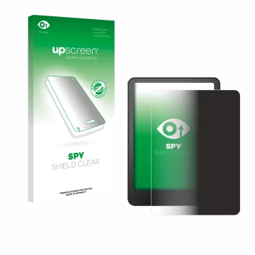 Parte frontal de un envase de producto con el logotipo de la marca upscreen. Al lado se muestra el dispositivo Amazon Kindle P