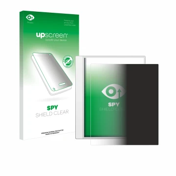 Parte frontal de un envase de producto con el logotipo de la marca upscreen. Al lado se muestra el dispositivo Boox Note Max c