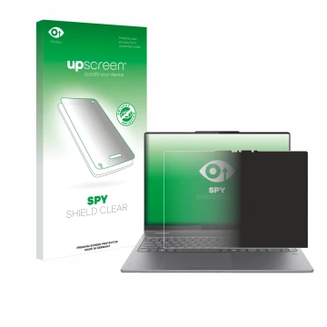 Parte frontal de un envase de producto con el logotipo de la marca upscreen. Al lado se muestra el dispositivo Lenovo Yoga 7 2