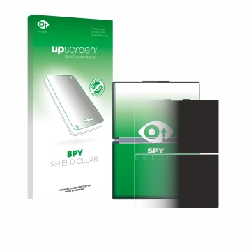 Parte frontal de un envase de producto con el logotipo de la marca upscreen. Al lado se muestra el dispositivo Lenovo Yoga Boo