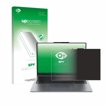 Parte frontal de un envase de producto con el logotipo de la marca upscreen. Al lado se muestra el dispositivo Lenovo ThinkPad