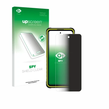 Parte frontal de un envase de producto con el logotipo de la marca upscreen. Al lado se muestra el dispositivo Ulefone Armor X
