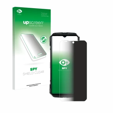 Parte frontal de un envase de producto con el logotipo de la marca upscreen. Al lado se muestra el dispositivo Doogee S118 Pro