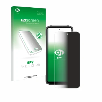 Parte frontal de un envase de producto con el logotipo de la marca upscreen. Al lado se muestra el dispositivo Doogee Blade 10