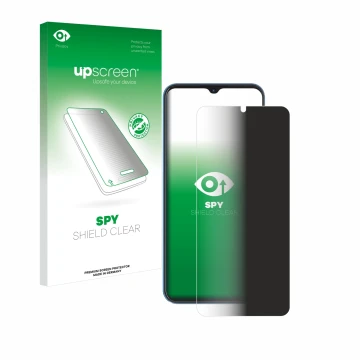 Parte frontal de un envase de producto con el logotipo de la marca upscreen. Al lado se muestra el dispositivo Hotwav Note 13 