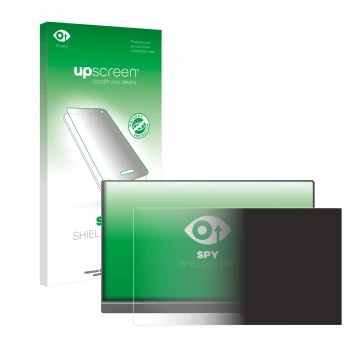 Parte frontal de un envase de producto con el logotipo de la marca upscreen. Al lado se muestra el dispositivo Arzopa Z1FC 16.