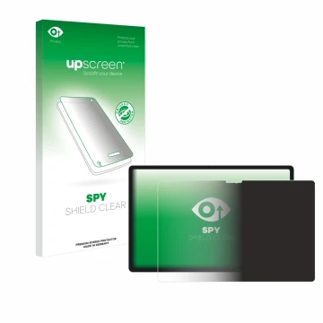 Parte frontal de un envase de producto con el logotipo de la marca upscreen. Al lado se muestra el dispositivo Lenovo Yoga Tab