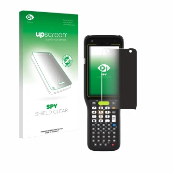 Parte frontal de un envase de producto con el logotipo de la marca upscreen. Al lado se muestra el dispositivo Zebra MC3400 co