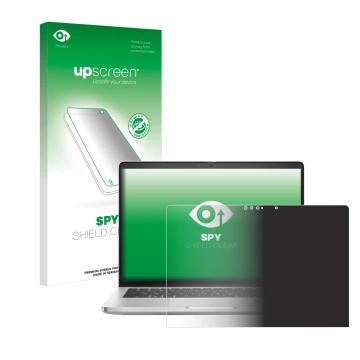 Parte frontal de un envase de producto con el logotipo de la marca upscreen. Al lado se muestra el dispositivo Dell Pro 14 Plu