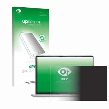 Parte frontal de un envase de producto con el logotipo de la marca upscreen. Al lado se muestra el dispositivo Dell Pro 16 Plu