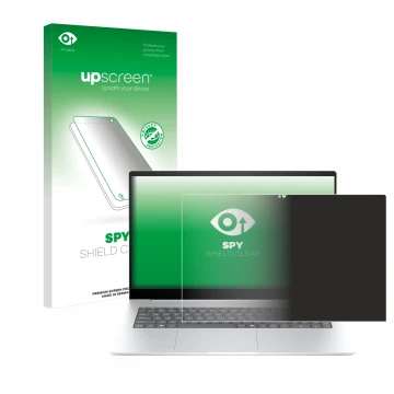 Parte frontal de un envase de producto con el logotipo de la marca upscreen. Al lado se muestra el dispositivo HP Envy 17-da07