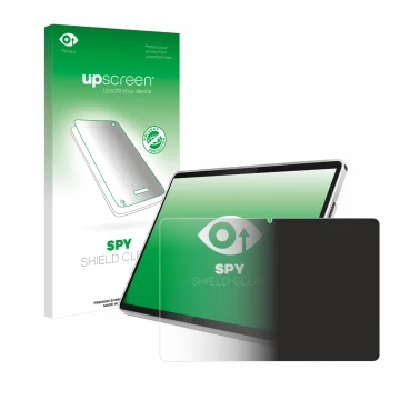 Parte frontal de un envase de producto con el logotipo de la marca upscreen. Al lado se muestra el dispositivo Lenovo Tab 10.1