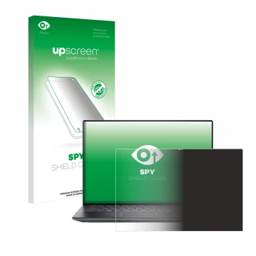 Parte frontal de un envase de producto con el logotipo de la marca upscreen. Al lado se muestra el dispositivo Dell Precision 