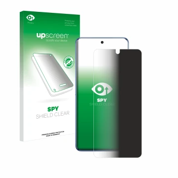 Parte frontal de un envase de producto con el logotipo de la marca upscreen. Al lado se muestra el dispositivo Vivo V50 con su