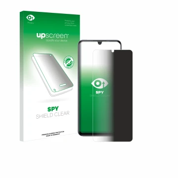 Parte frontal de un envase de producto con el logotipo de la marca upscreen. Al lado se muestra el dispositivo ZTE Blade V70 M