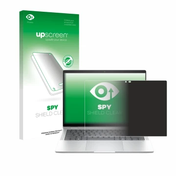Parte frontal de un envase de producto con el logotipo de la marca upscreen. Al lado se muestra el dispositivo HP EliteBook X 