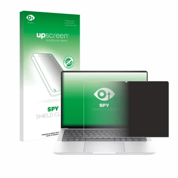 Parte frontal de un envase de producto con el logotipo de la marca upscreen. Al lado se muestra el dispositivo HP EliteBook X 
