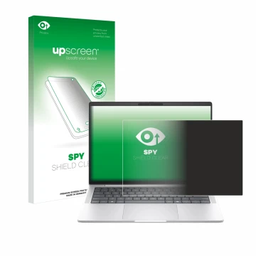 Parte frontal de un envase de producto con el logotipo de la marca upscreen. Al lado se muestra el dispositivo HP EliteBook 10