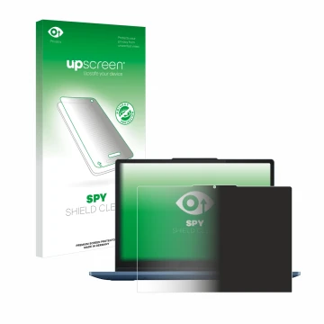 Parte frontal de un envase de producto con el logotipo de la marca upscreen. Al lado se muestra el dispositivo Lenovo IdeaPad 