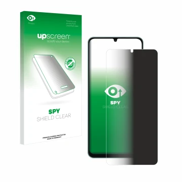 Parte frontal de un envase de producto con el logotipo de la marca upscreen. Al lado se muestra el dispositivo Samsung Galaxy 
