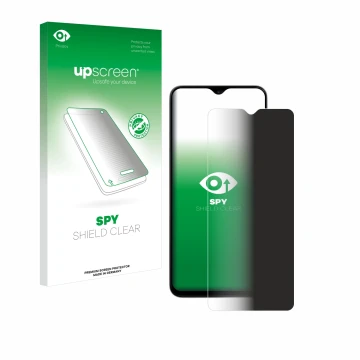 Parte frontal de un envase de producto con el logotipo de la marca upscreen. Al lado se muestra el dispositivo ZTE Blade A35e 