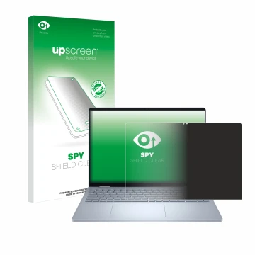 Parte frontal de un envase de producto con el logotipo de la marca upscreen. Al lado se muestra el dispositivo Dell 16 Plus-2-