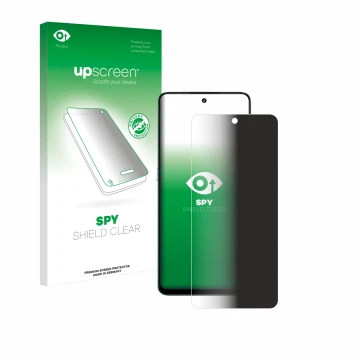 Parte frontal de un envase de producto con el logotipo de la marca upscreen. Al lado se muestra el dispositivo Umidigi Note 10