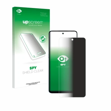 Parte frontal de un envase de producto con el logotipo de la marca upscreen. Al lado se muestra el dispositivo Umidigi Note 10