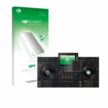Parte frontal de un envase de producto con el logotipo de la marca upscreen. Al lado se muestra el dispositivo Pioneer XDJ-AZ 